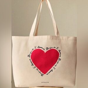 Sézane Bonjour l’Amour recycled cotton tote, cream and red, new